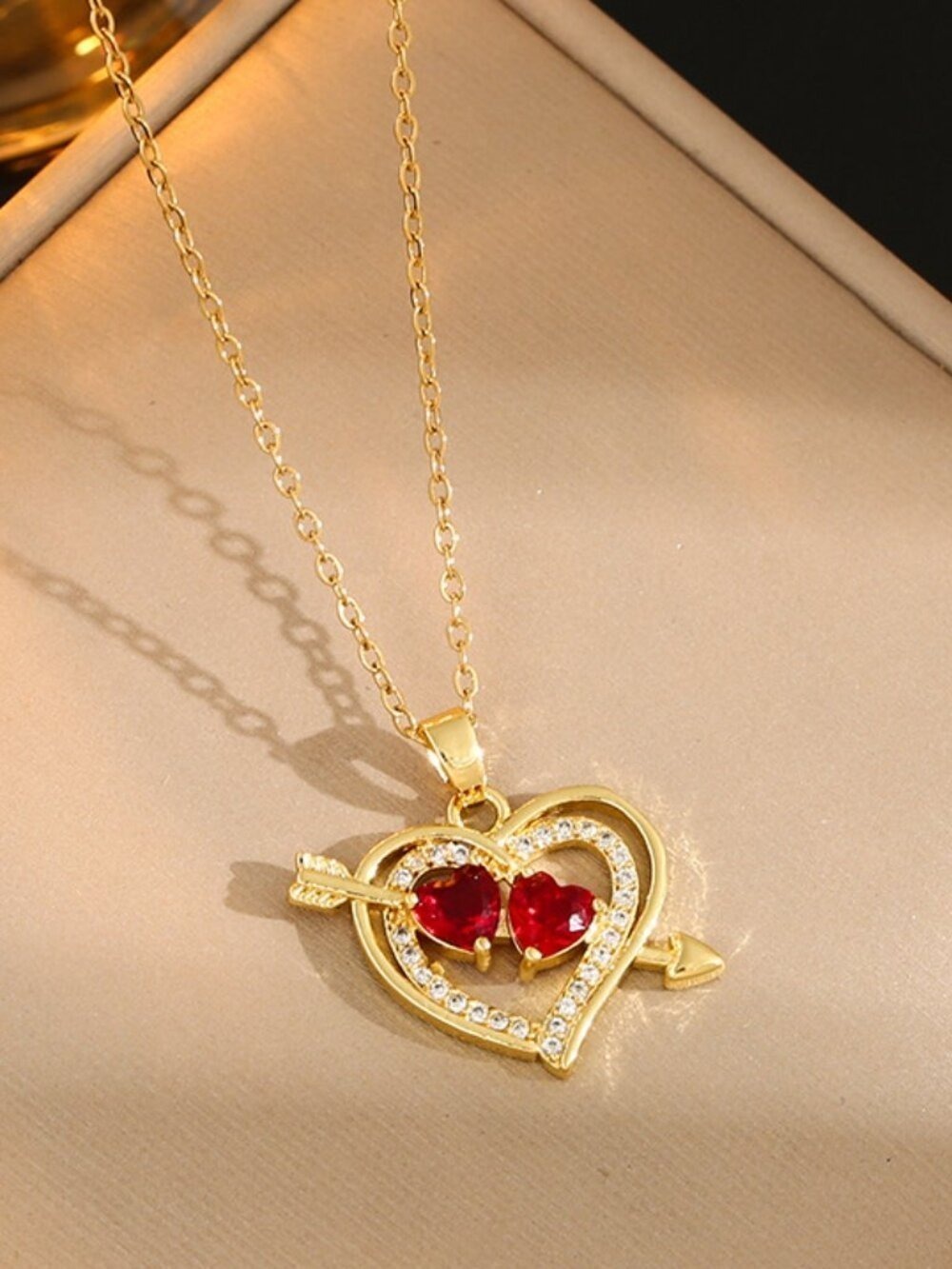 18k Gold Plated Heart Arrow Necklace Red Rhinestone Pendant Romantic Jewelry